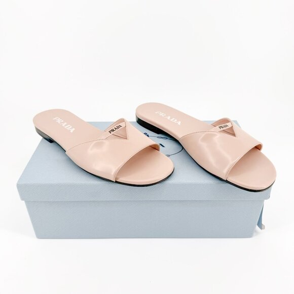 Prada Logo Cutout Flat Mule Sandals EU 37 US 7 Beige Tan Leather Slip On Slide - Picture 1 of 13